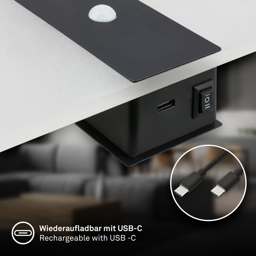 Briloner 3888015 - LED uzlādējamais sienas gaismeklis ar kustības un krēslas sensoru AURA LED/2,5W/5V 1800 mAh melns