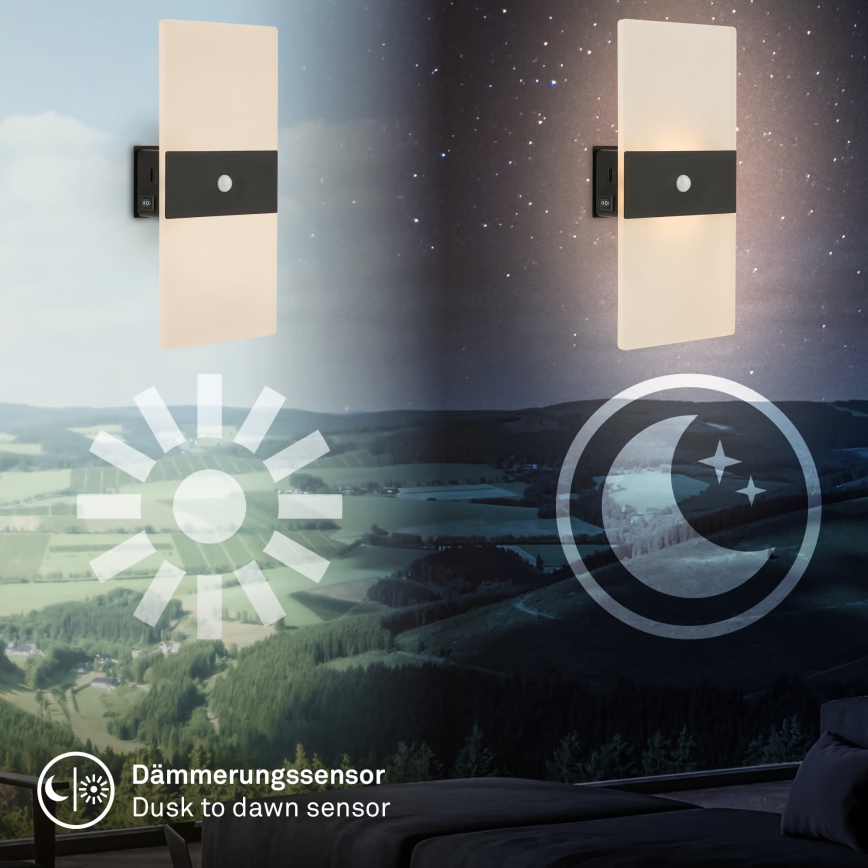 Briloner 3888015 - LED uzlādējamais sienas gaismeklis ar kustības un krēslas sensoru AURA LED/2,5W/5V 1800 mAh melns