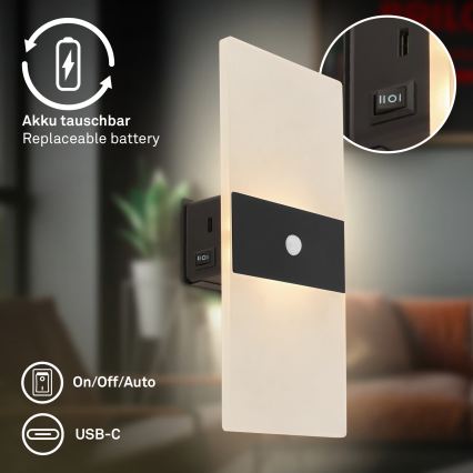 Briloner 3888015 - LED uzlādējamais sienas gaismeklis ar kustības un krēslas sensoru AURA LED/2,5W/5V 1800 mAh melns