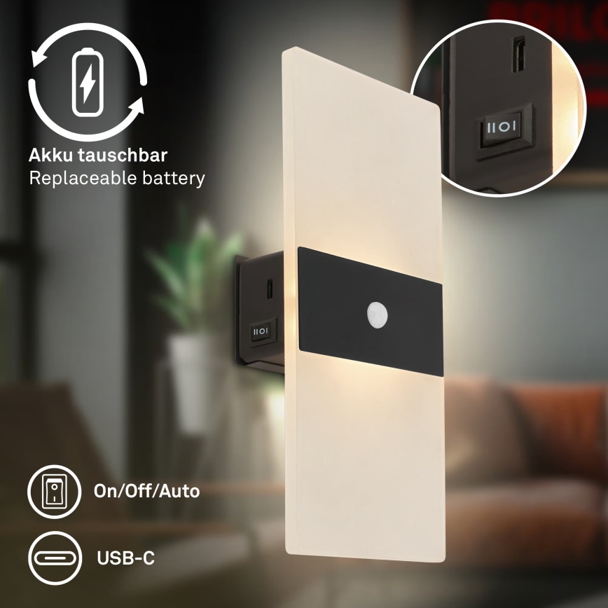 Briloner 3888015 - LED uzlādējamais sienas gaismeklis ar kustības un krēslas sensoru AURA LED/2,5W/5V 1800 mAh melns