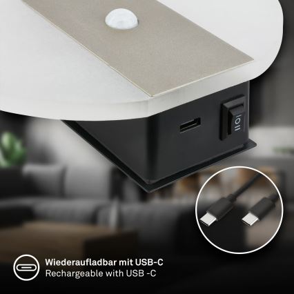 Briloner 3889012 - LED uzlādējams sienas gaismeklis ar kustības un krēslas sensoru TARO LED/2,5W/5V 1800 mAh matēts hroms