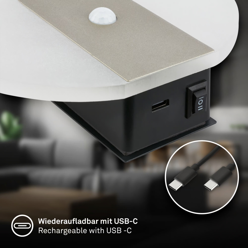 Briloner 3889012 - LED uzlādējams sienas gaismeklis ar kustības un krēslas sensoru TARO LED/2,5W/5V 1800 mAh matēts hroms