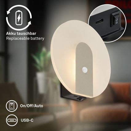 Briloner 3889012 - LED uzlādējams sienas gaismeklis ar kustības un krēslas sensoru TARO LED/2,5W/5V 1800 mAh matēts hroms