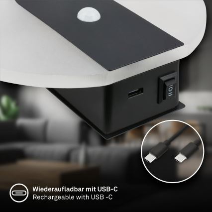 Briloner 3889015 - LED uzlādējams sienas gaismeklis ar kustības un krēslas sensoru TARO LED/2,5W/5V 1800 mAh melns