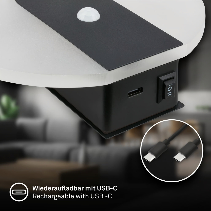 Briloner 3889015 - LED uzlādējams sienas gaismeklis ar kustības un krēslas sensoru TARO LED/2,5W/5V 1800 mAh melns