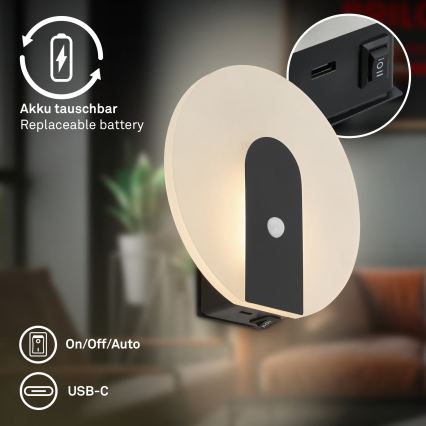Briloner 3889015 - LED uzlādējams sienas gaismeklis ar kustības un krēslas sensoru TARO LED/2,5W/5V 1800 mAh melns
