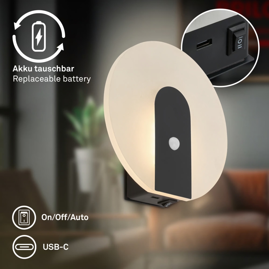 Briloner 3889015 - LED uzlādējams sienas gaismeklis ar kustības un krēslas sensoru TARO LED/2,5W/5V 1800 mAh melns
