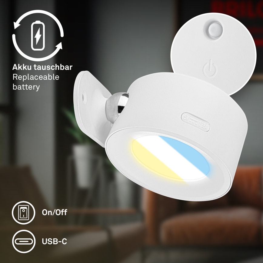 Briloner 3896016 - TARI uzlādējams sienas LED gaismeklis ar regulējamu spilgtumu LED/1,6W/5V 1500 mAh balts