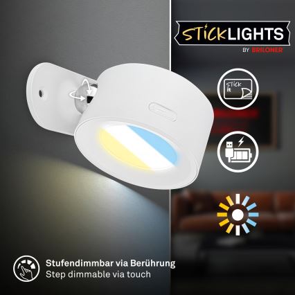 Briloner 3896016 - TARI uzlādējams sienas LED gaismeklis ar regulējamu spilgtumu LED/1,6W/5V 1500 mAh balts