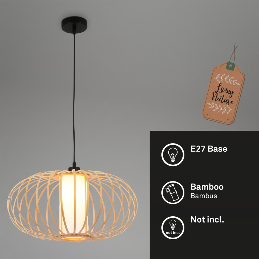 Briloner 4759011 - Pakaramais gaismeklis uz vada 1xE27/10W/230V melns/bambuss