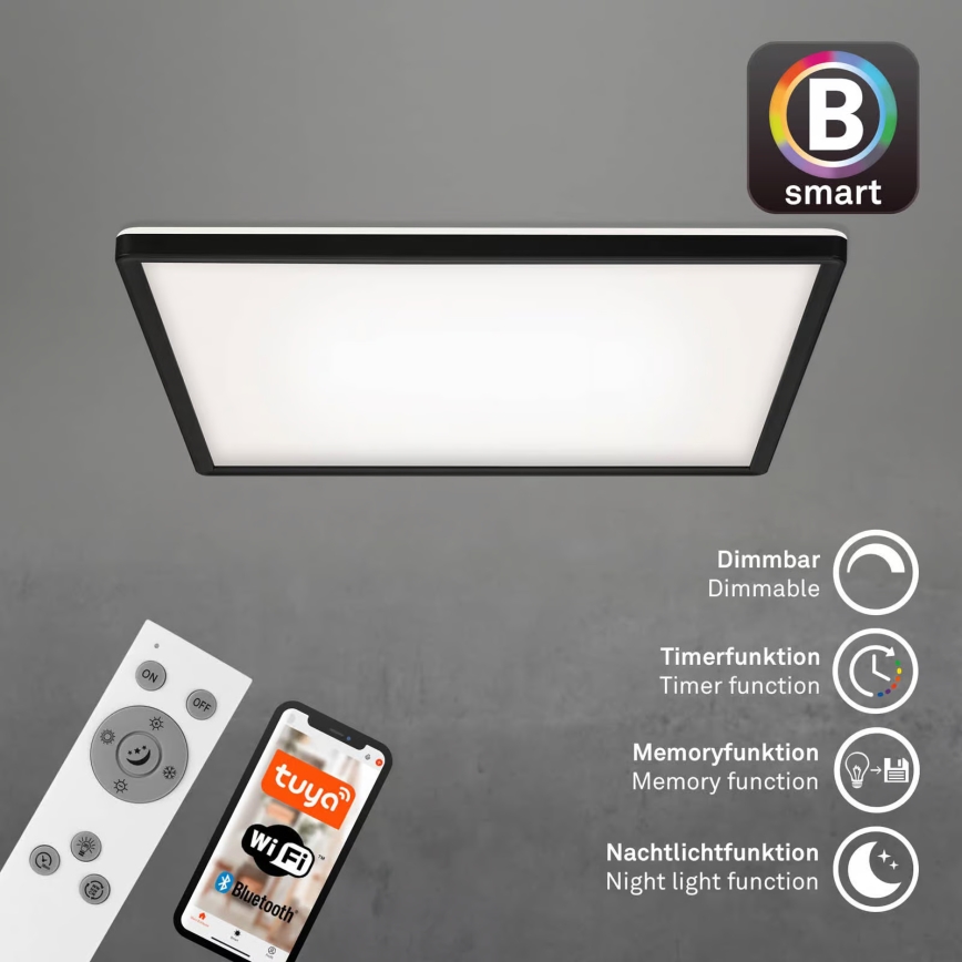 Briloner 7060-015 - regulējams virsmas SLIM LED panelis LED/22W/230V 2700-6500K 42x42 cm melns Wi-Fi Tuya + tālvadības pults