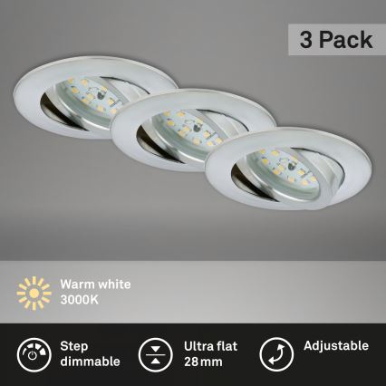Briloner 7296-039 - Komplekts 3x LED vannas istabas iebūvējamie griestu gaismekļi ar regulējamu spilgtumu LED/6,5W/230V 3000K IP23 matēts hroms