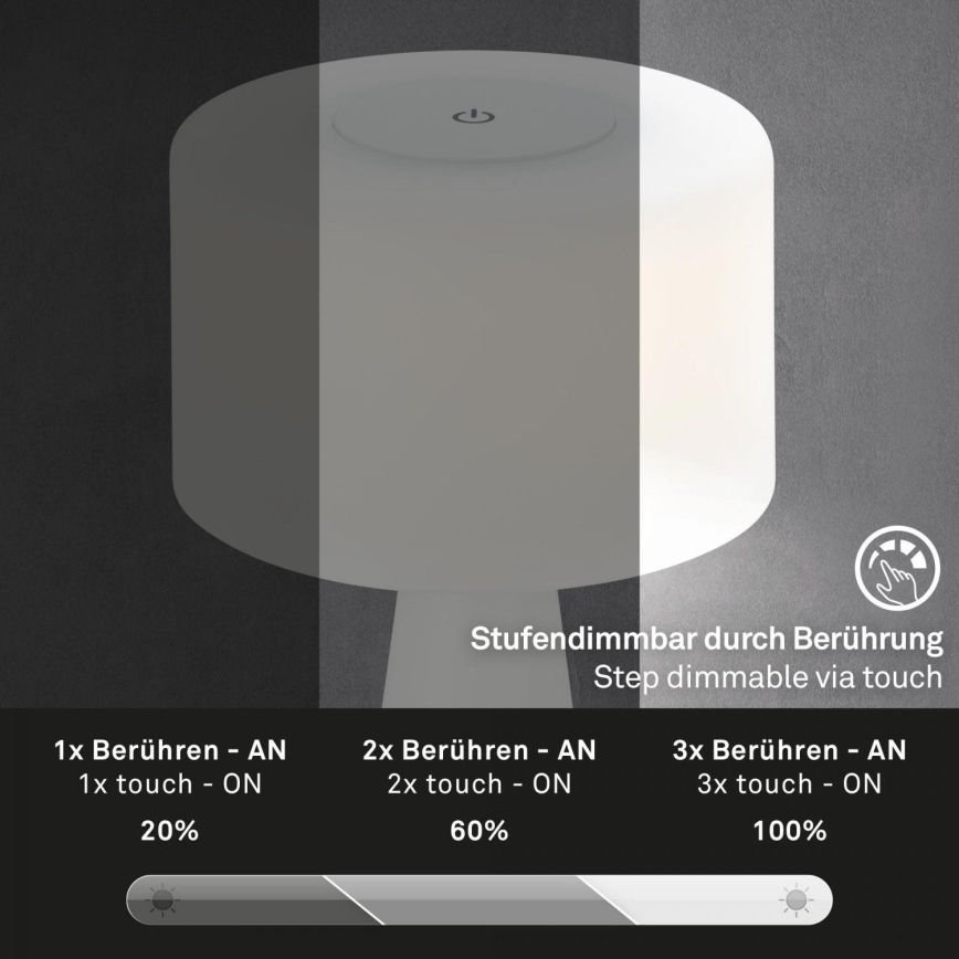 Briloner 7420016 - LED Aptumšojama uzlādējams skārienvadāma āra galda lampa LED/4W/5V IP44 3000K balta