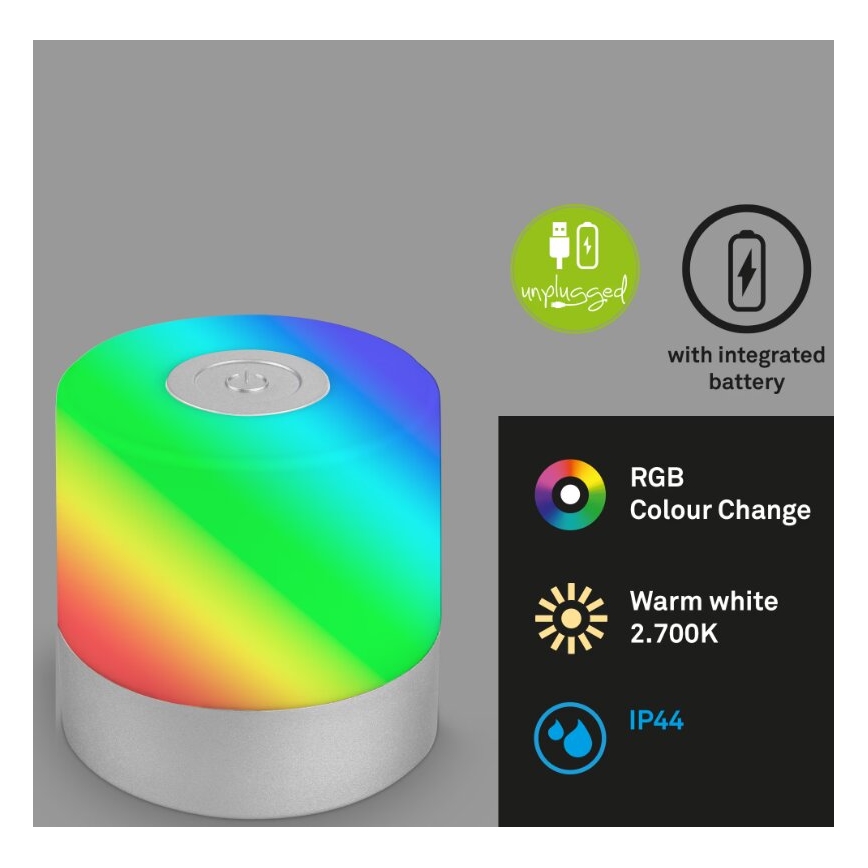 Briloner 7462014 - LED RGB Uzlādējama āra galda lampa LED/1,5W/5V IP44 matēts hroms