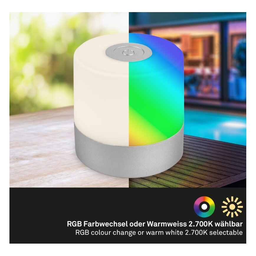 Briloner 7462014 - LED RGB Uzlādējama āra galda lampa LED/1,5W/5V IP44 matēts hroms