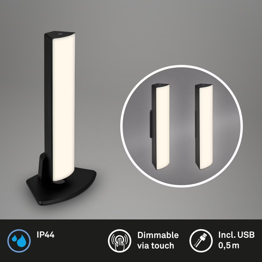 Briloner 7474-015 - LED Aptumšojama skārienvadāma uzlādējama āra galda lampa 2in1 LED/7W/5V 2200 mAh USB 3000K IP44 melna