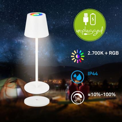 Briloner 7517016 - LED RGBW ar regulējamu spilgtumu, uzlādējama āra galda lampa CILANO LED/3W/5V IP44 2000 mAh balta