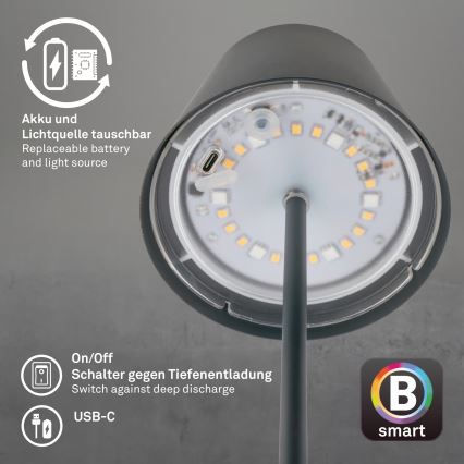 Briloner 7559015 - LED RGB ar regulējamu spilgtumu, uzlādējama āra galda lampa COLORIS LED/3,5W/5V IP44 2000 mAh antracīts Wi-Fi Tuya