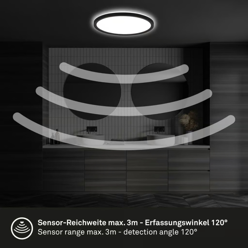Briloner - LED vannas istabas griestu gaismeklis ar kustības sensoru MOVE LED/18W/230V IP44 Ø 29 cm melns