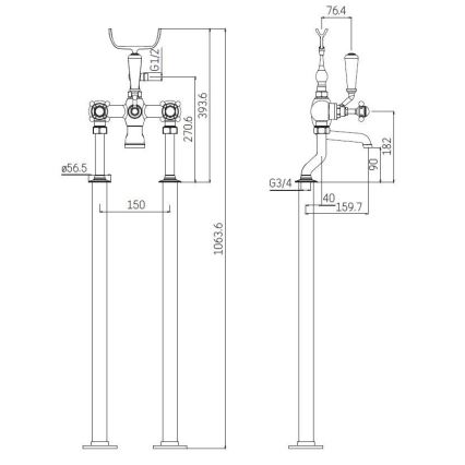 Brīvi stāvošs vannas komplekts ar jaucējkrānu, 106,3 cm, spīdīgs hroms
