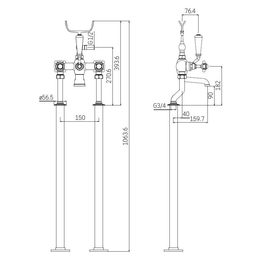 Brīvi stāvošs vannas komplekts ar jaucējkrānu, 106,3 cm, spīdīgs hroms