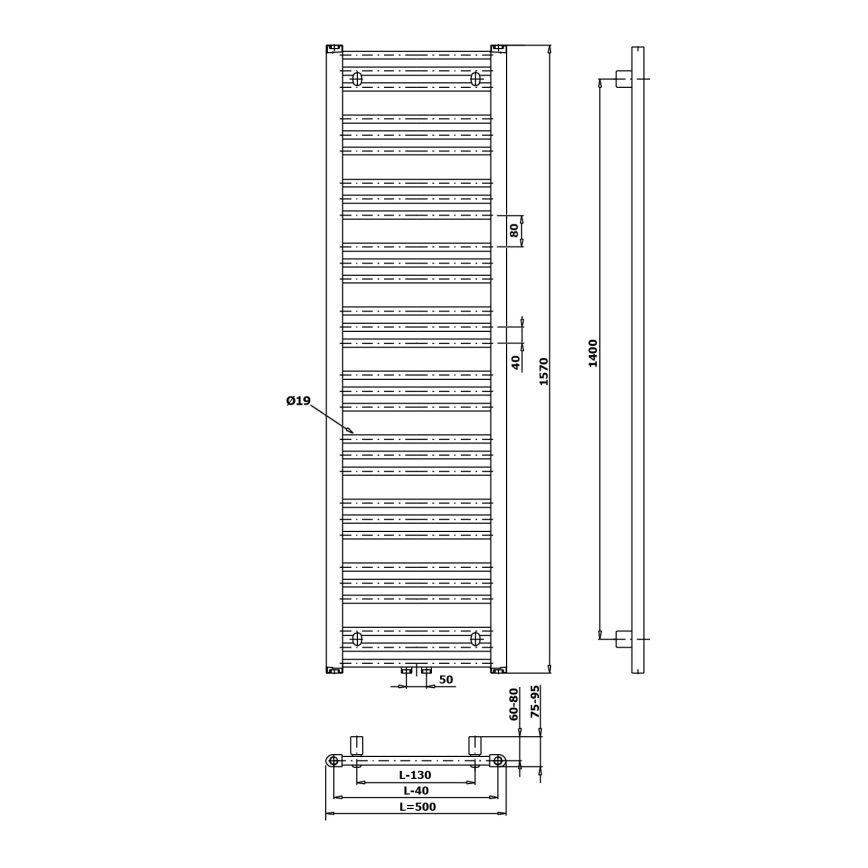 Bruckner - Vannas istabas radiators ALBRECHT, 157 x 50 cm, ar matētu melnu apdari