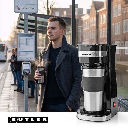 Butler - Kafijas automāts vienai krūzei 0,4 l ar ceļojuma krūzi 750W/230V nerūsējošais tērauds/melns