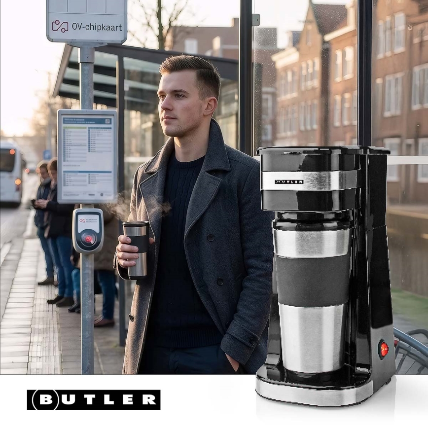Butler - Kafijas automāts vienai krūzei 0,4 l ar ceļojuma krūzi 750W/230V nerūsējošais tērauds/melns