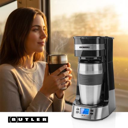 Butler - kafijas automāts vienai tasītei 0,4 l ar taimeri un ceļojuma krūzi 750W/230V nerūsējošais tērauds/melns