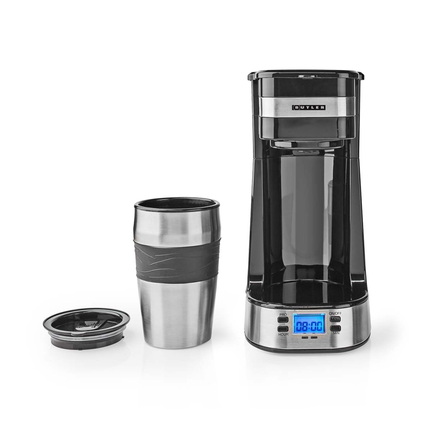 Butler - kafijas automāts vienai tasītei 0,4 l ar taimeri un ceļojuma krūzi 750W/230V nerūsējošais tērauds/melns