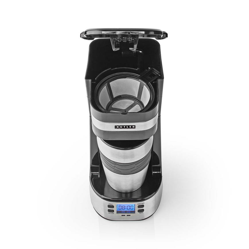 Butler - kafijas automāts vienai tasītei 0,4 l ar taimeri un ceļojuma krūzi 750W/230V nerūsējošais tērauds/melns