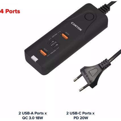 Canyon - Lādētājs 2xUSB A + 2xUSB C Power Delivery 20W