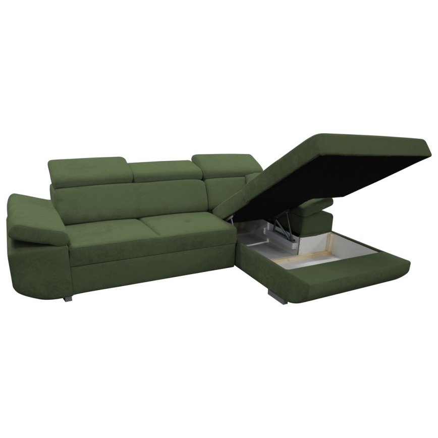 CASTELO izvelkamais L formas labais stūra dīvāns ar uzglabāšanas nodalījumu, zaļš