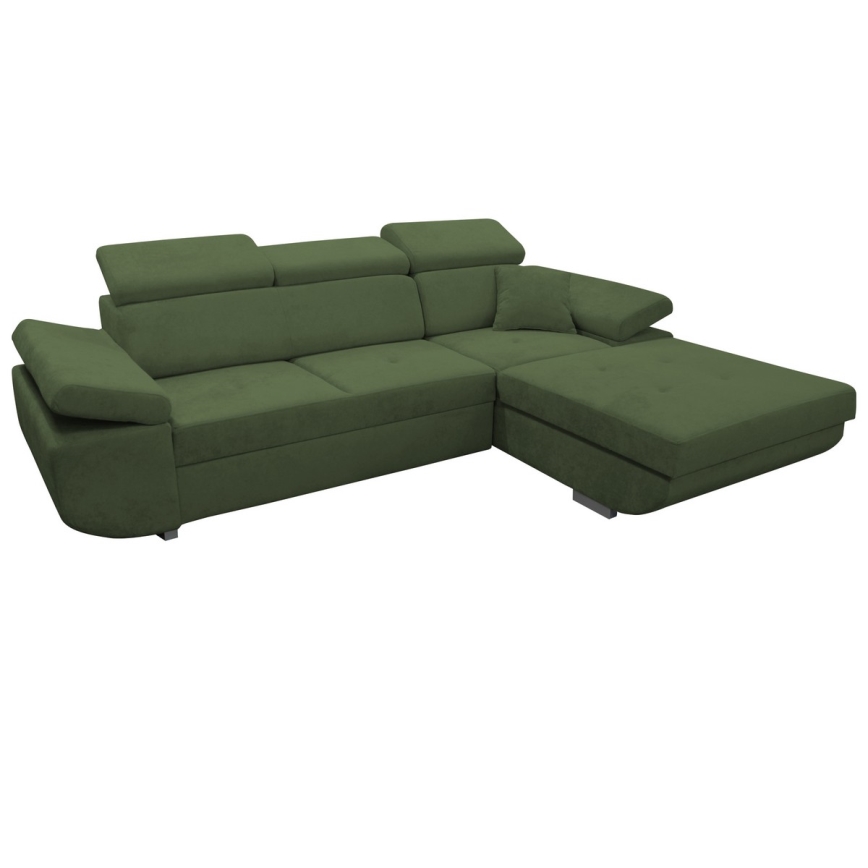 CASTELO izvelkamais L formas labais stūra dīvāns ar uzglabāšanas nodalījumu, zaļš