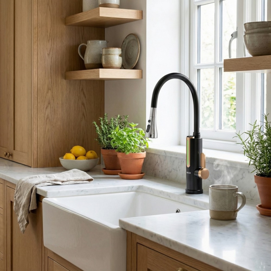 Caurplūdes ūdens sildītājs ar LED displeju 3000W/230V IPX4 melns/zeltains