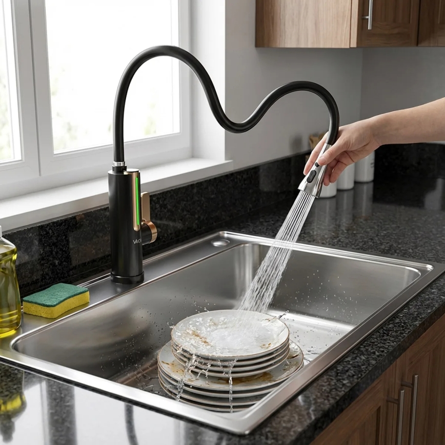 Caurplūdes ūdens sildītājs ar LED displeju 3000W/230V IPX4 melns/zeltains