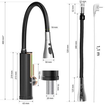 Caurplūdes ūdens sildītājs ar LED displeju 3000W/230V IPX4 melns/zeltains