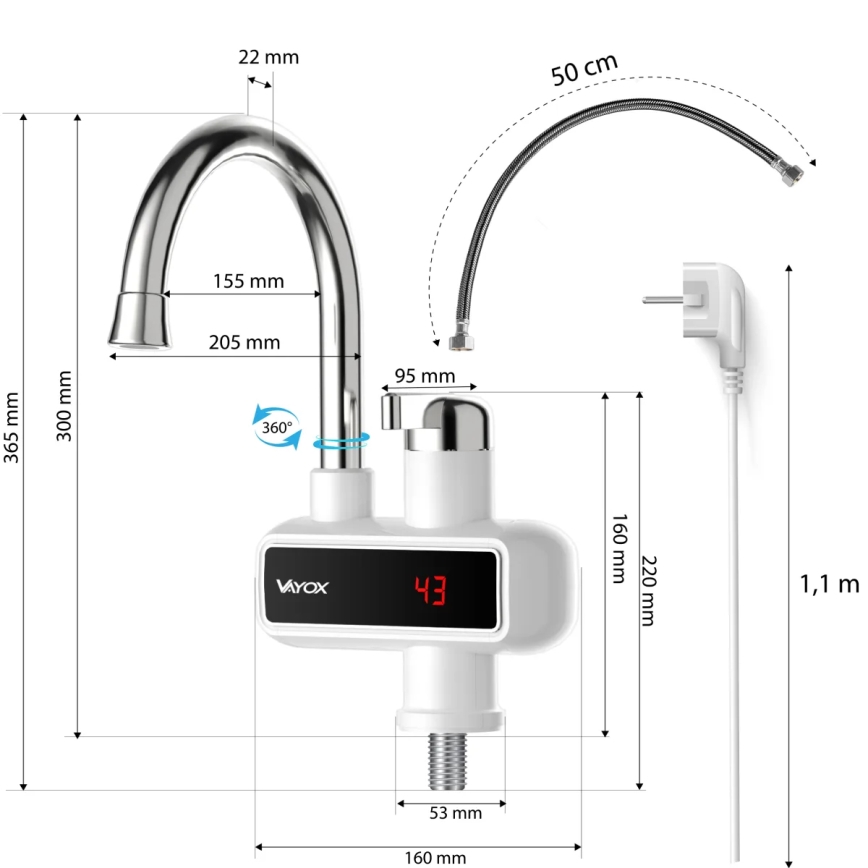 Caurplūdes ūdens sildītājs ar LED ekrāns 3000W/230V IPX4 balta