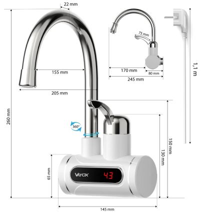Caurplūdes ūdens sildītājs ar LED ekrāns 3000W/230V IPX4 balta