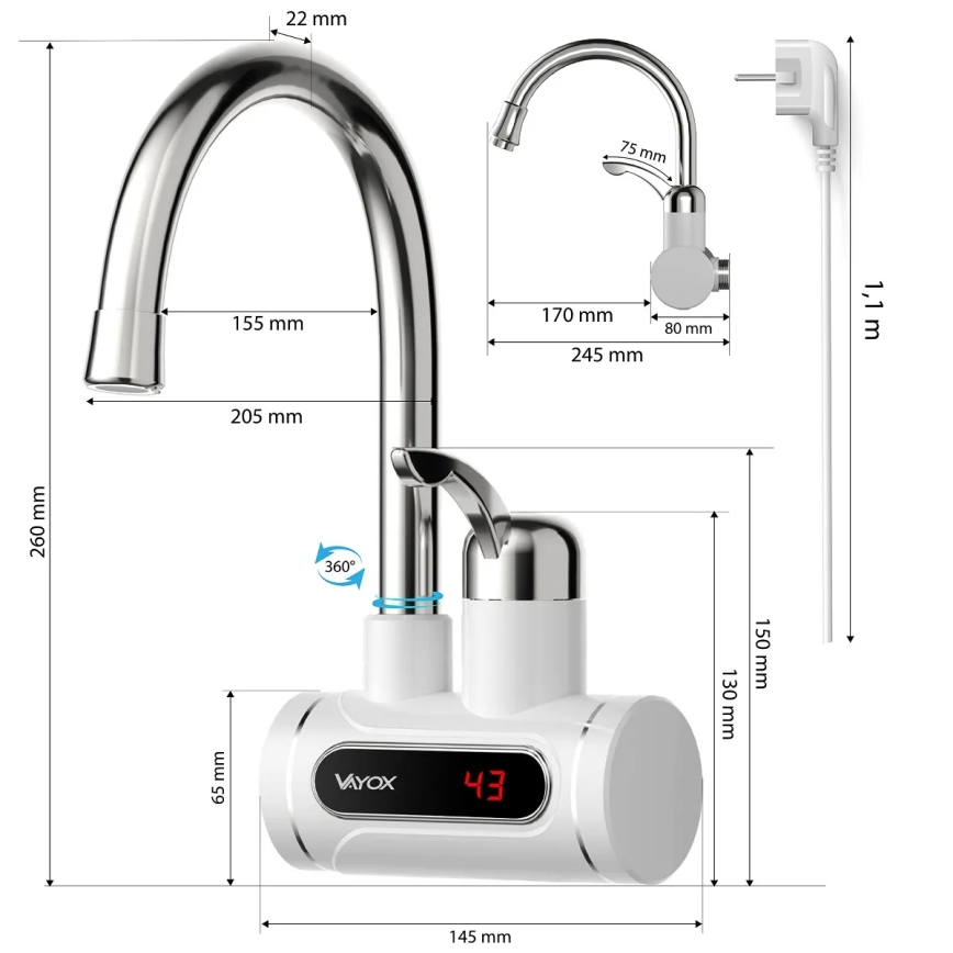 Caurplūdes ūdens sildītājs ar LED ekrāns 3000W/230V IPX4 balta