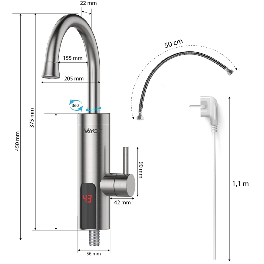 Caurplūdes ūdens sildītājs ar LED ekrāns 3000W/230V IPX4 nerūsējošs tērauds