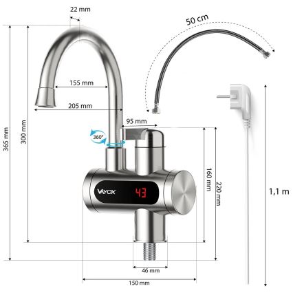 Caurplūdes ūdens sildītājs ar LED ekrāns 3000W/230V IPX4 nerūsējošs tērauds