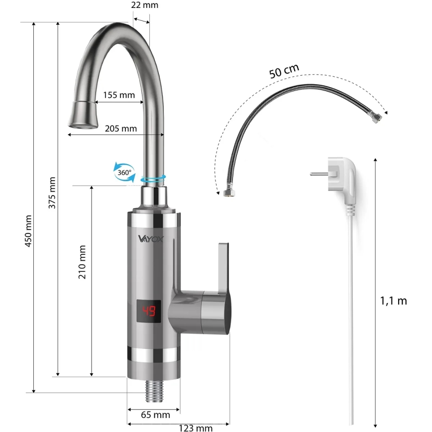 Caurplūdes ūdens sildītājs ar LED ekrāns 3000W/230V IPX4 nerūsējošs tērauds