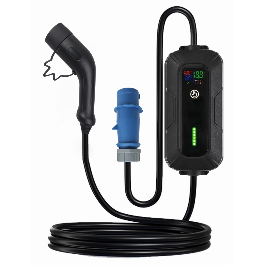 Ceļojumu uzlādes stacija elektromobiļiem EV/PHEV AC Tips 2 32A/230V 7,4kW IP55 5m + adapteris 230V 3,7kW + apvalks