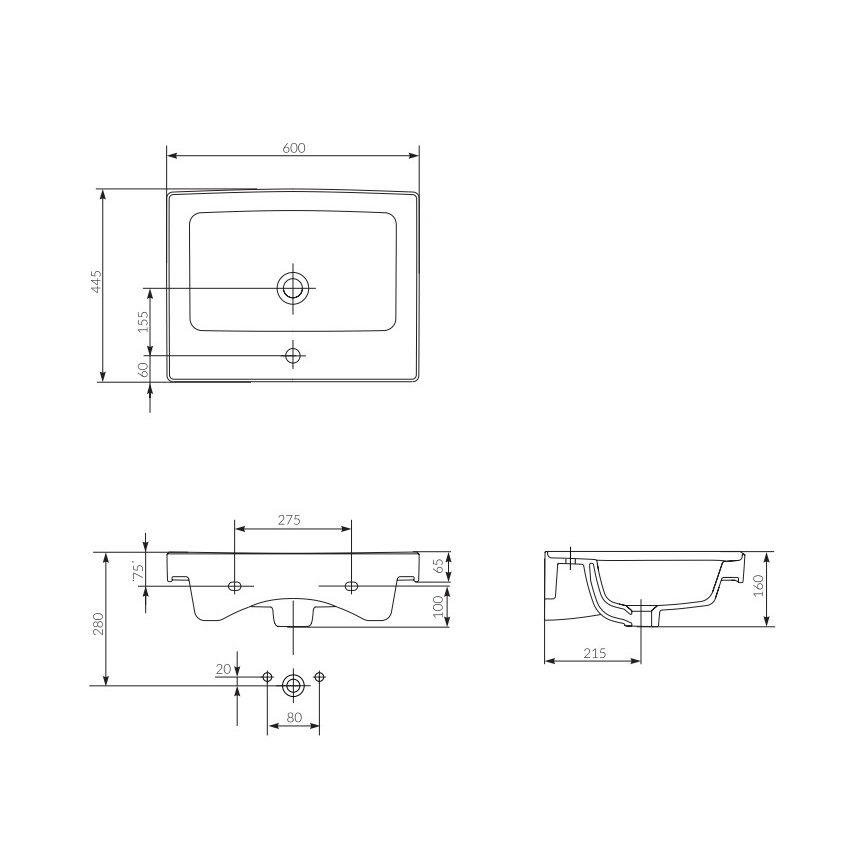 Cersanit K114-006 - Iebūvējama izlietne CREA 44,5x60 cm keramika/glancēta balta