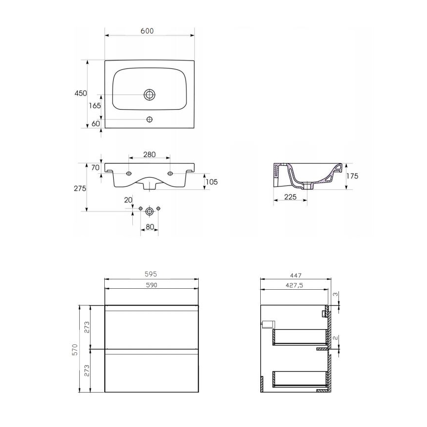 Cersanit S801-223-DSM - sienas piestiprināms vannasistabas skapītis ar izlietni MODUO 60x45 cm, spīdīgi balts