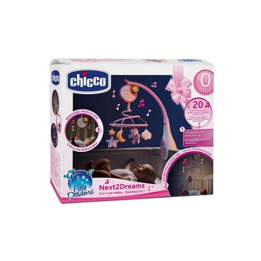 Chicco - Bērnu gultiņas muzikālais karuselis 3in1 NEXT2DREAMS 3xAA rozā
