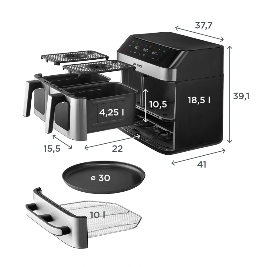 Concept FR9000 - Karstgaisa fritieris PIZZA TRIO 18,5 l 2700W/230V nerūsējošais tērauds/melns