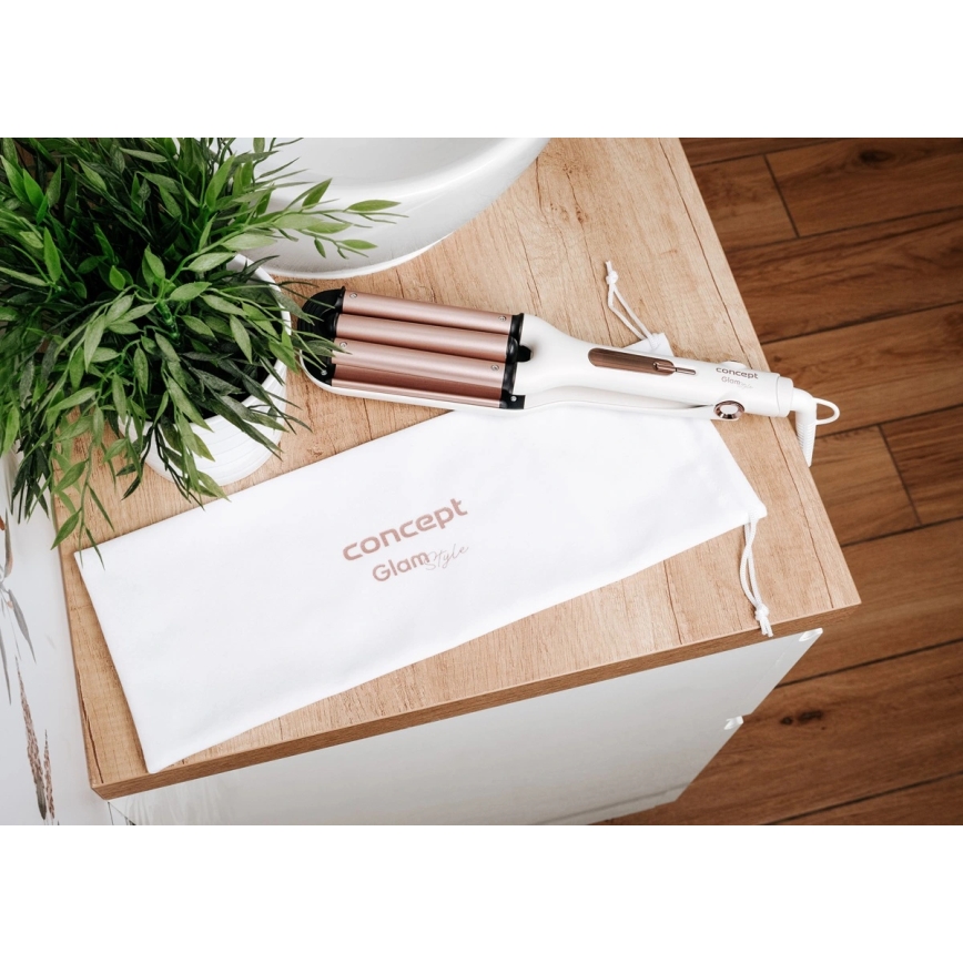 Concept KT2140 - trīskāršā matu lokšķere GLAM STYLE 100W/230V balta/rozā zelta