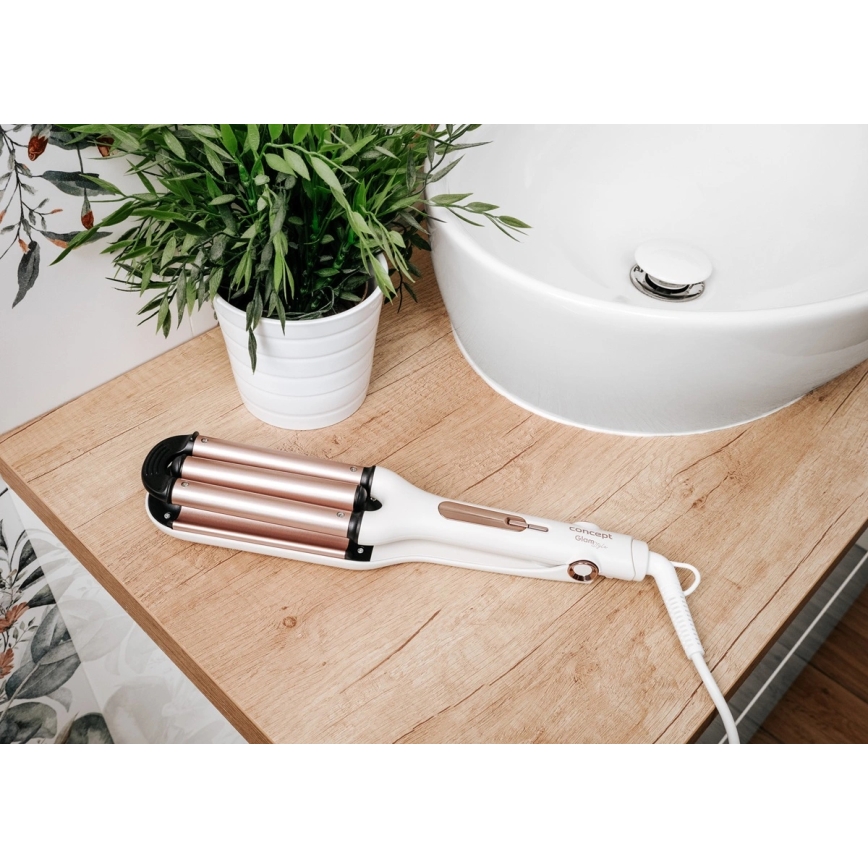 Concept KT2140 - trīskāršā matu lokšķere GLAM STYLE 100W/230V balta/rozā zelta